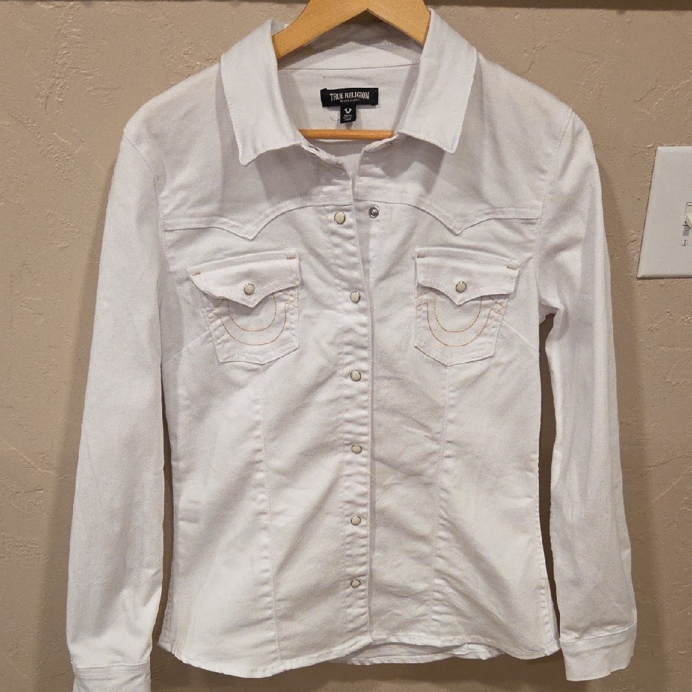 True Religion White Western Snap Shirt Women’s Medium Cowgirl Classic Button